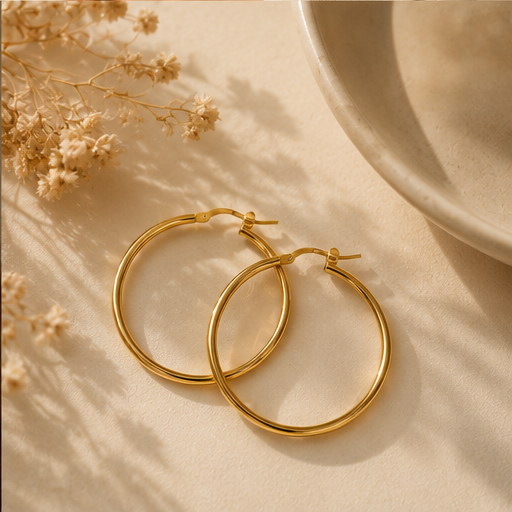 9ct Yellow Gold Italian Plain Rounded Hoop Earrings 30mm